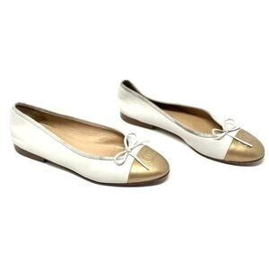 Chanel CC Cap Toe Ballet Flats Classic Kidskin Leather Cream Gold Bow EU 37.5